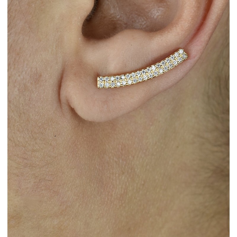 Boucles d'oreilles grimpantes barre 2 rangs contour de lobe serti d'oxydes de zirconium Plaqué OR 750 3 microns