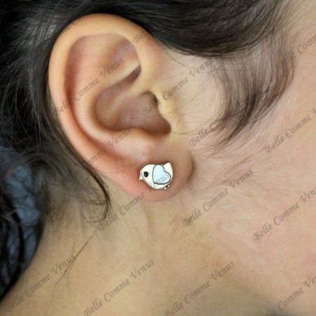 Boucles d'oreilles oiseau coeur de nacre oeil oxyde de zirconium noir Plaqué or 750 3 microns