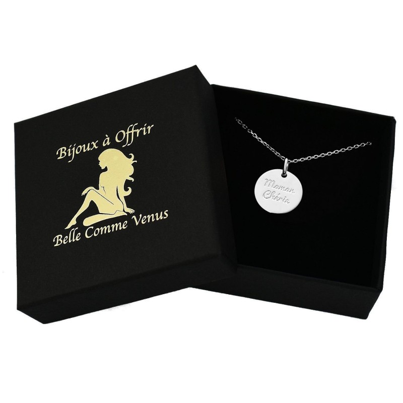 Collier médaille gravée Maman Chérie Argent 925 Rhodié
