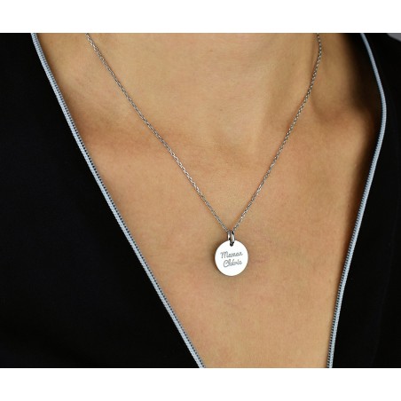 Collier médaille gravée Maman Chérie Argent 925 Rhodié