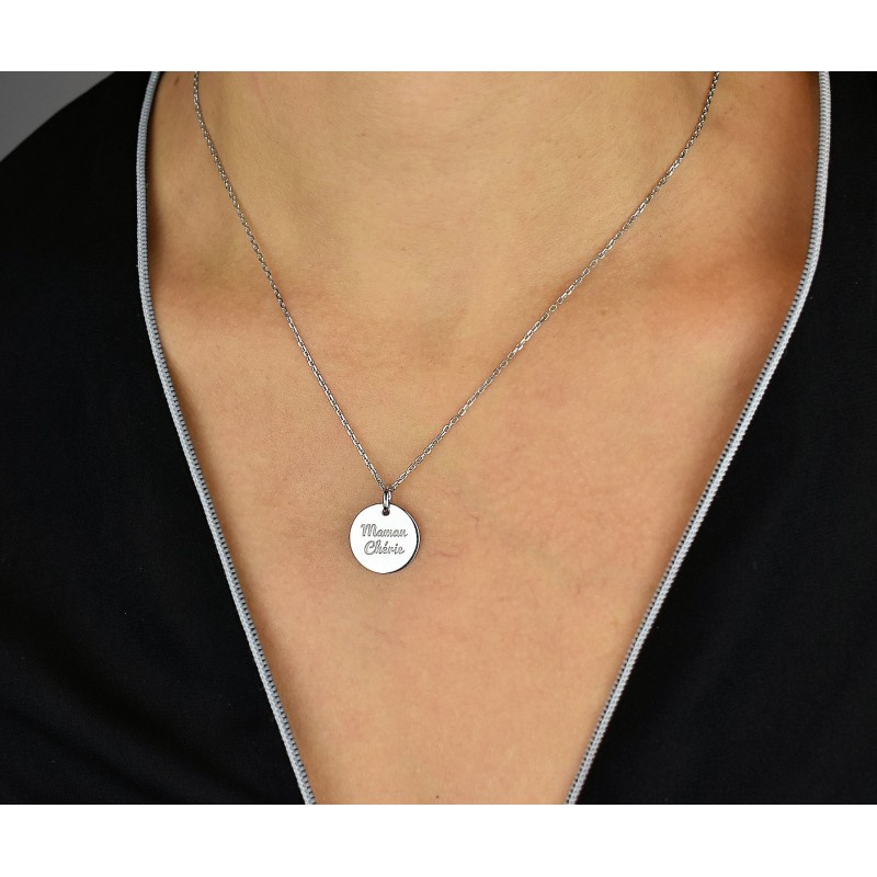 Collier médaille gravée Maman Chérie Argent 925 Rhodié