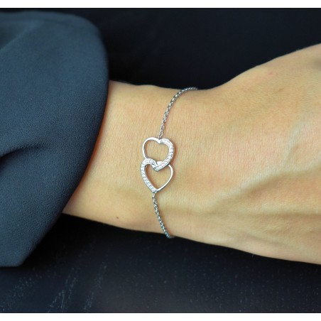 Bracelet 2 coeurs superposés sertis d'oxydes de zirconium Argent 925 Rhodié