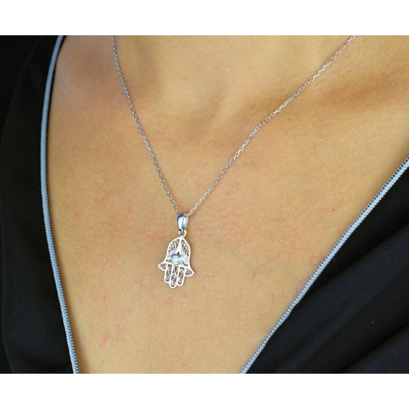 Collier main de Fatma oxyde de zirconium Argent 925 Rhodié