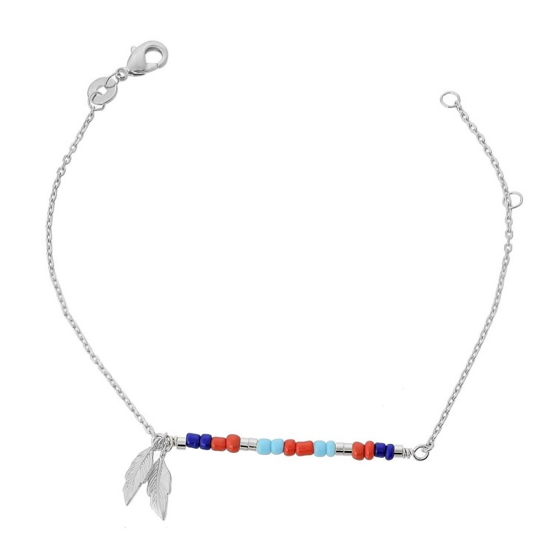Bracelet plumes et perles colorées Argent 925 Rhodié