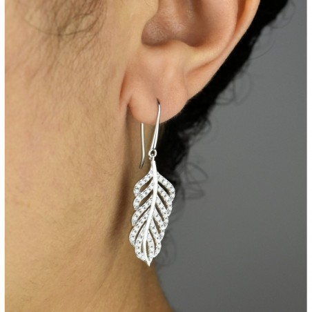 Boucles d'oreilles feuille sertie d'oxydes de zirconium pendantes Argent 925 Rhodié