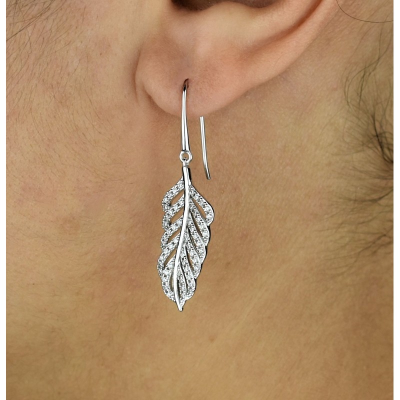 Boucles d'oreilles feuille sertie d'oxydes de zirconium pendantes Argent 925 Rhodié