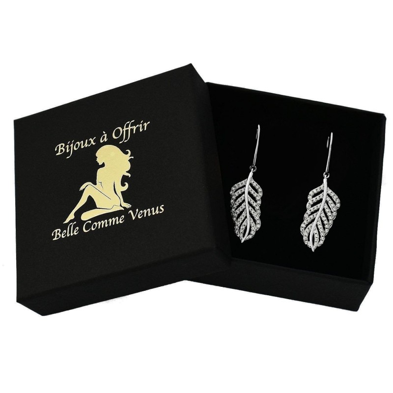 Boucles d'oreilles feuille sertie d'oxydes de zirconium pendantes Argent 925 Rhodié