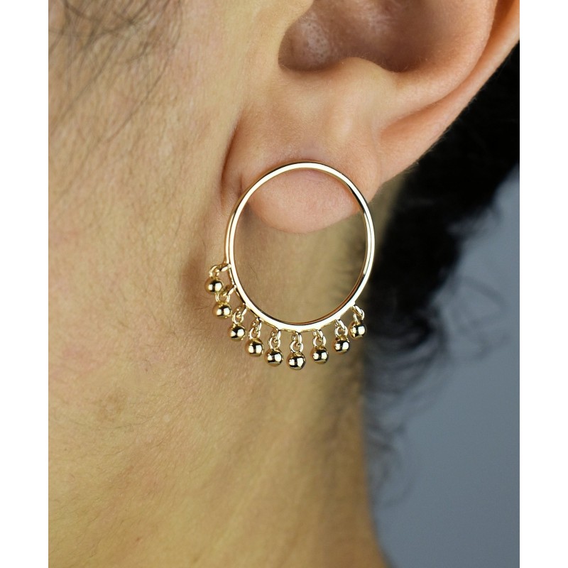 Boucles d'oreilles cercle pampilles pendantes boules Plaqué OR 750 3 microns