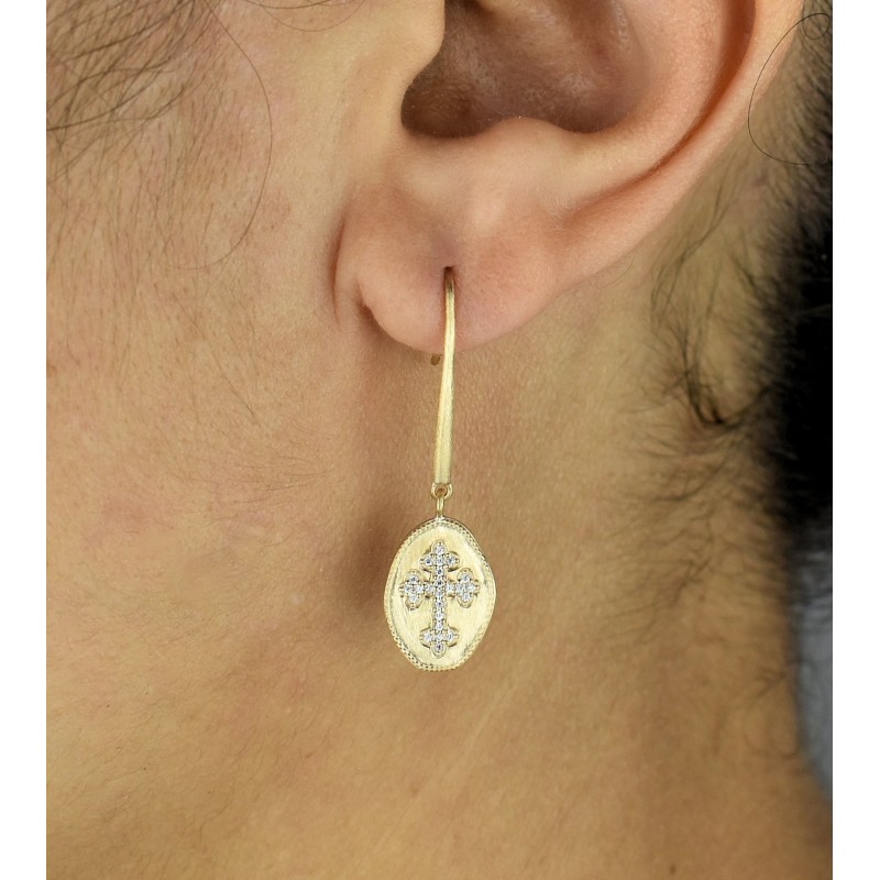 Boucles d'oreilles croix fleur de lys sertie d'oxydes de zirconium Plaqué OR 750 3 microns