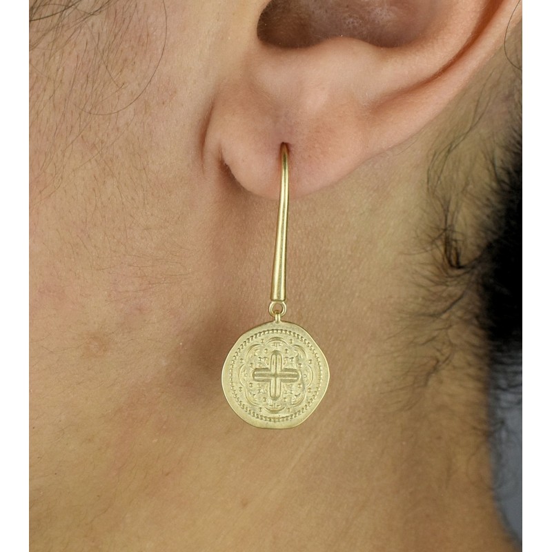 Boucles d'oreilles croix médaille antique Plaqué OR 750 3 microns
