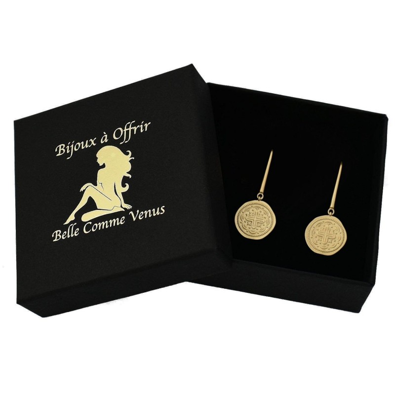 Boucles d'oreilles croix médaille antique Plaqué OR 750 3 microns