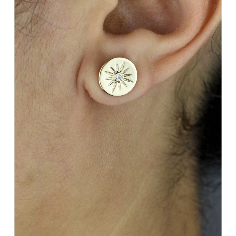Boucles d'oreilles médaille soleil oxyde de zirconium Plaqué OR 750 3 microns