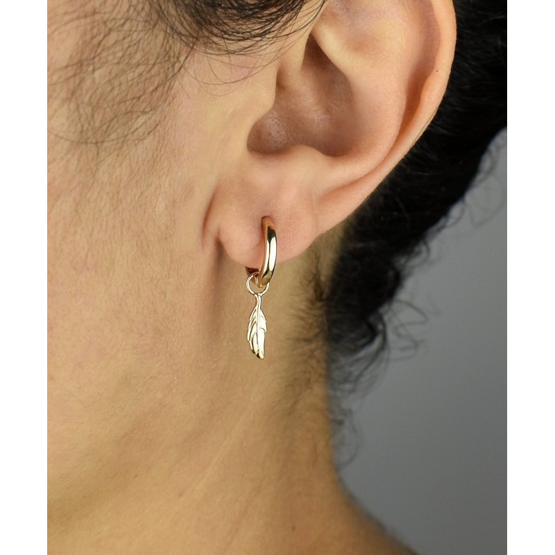 Boucles d'oreilles Mini Créoles plume pendante Plaqué or 750 3 microns