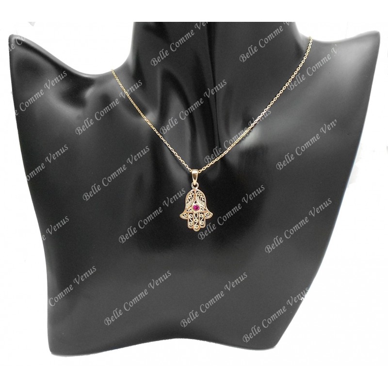 Collier main de Fatma oxyde de zirconium rose Plaqué OR 750 3 microns
