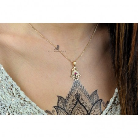 Collier main de Fatma oxyde de zirconium rose Plaqué OR 750 3 microns