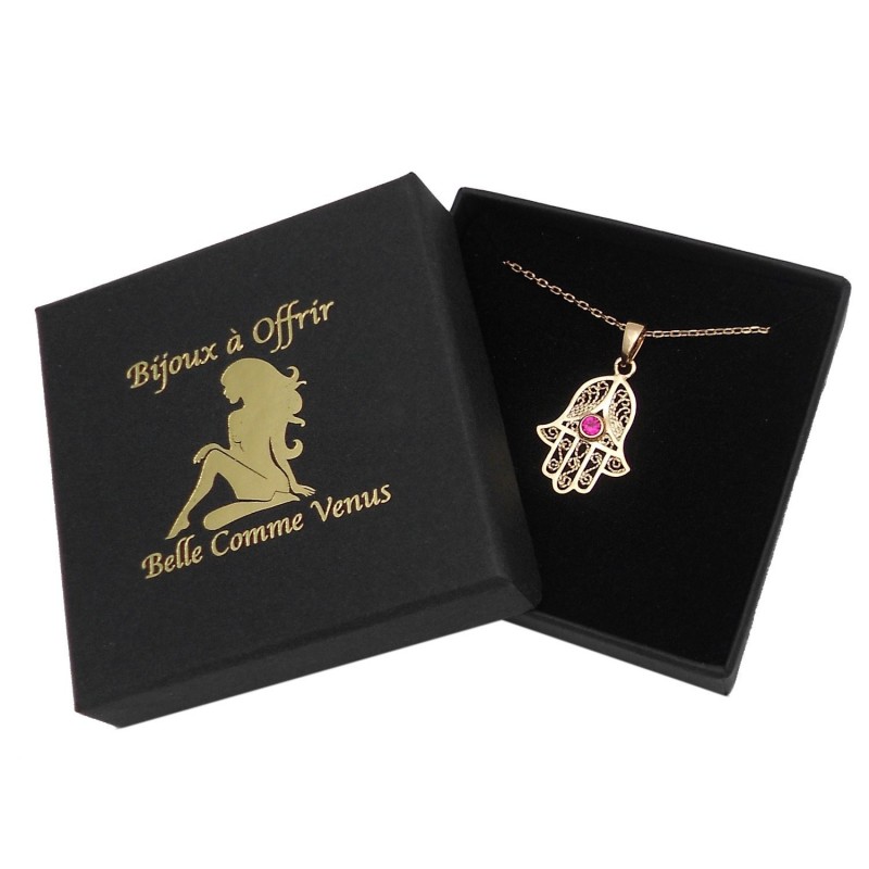 Collier main de Fatma oxyde de zirconium rose Plaqué OR 750 3 microns