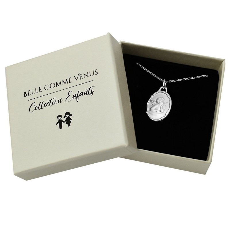 Collier médaille ange baptême Argent 925 Rhodié