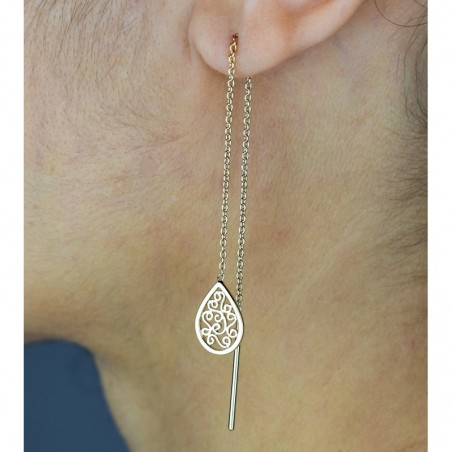 Boucles d'oreilles traversantes goutte arabesque tombante avec chaînette Plaqué OR 750 3 microns