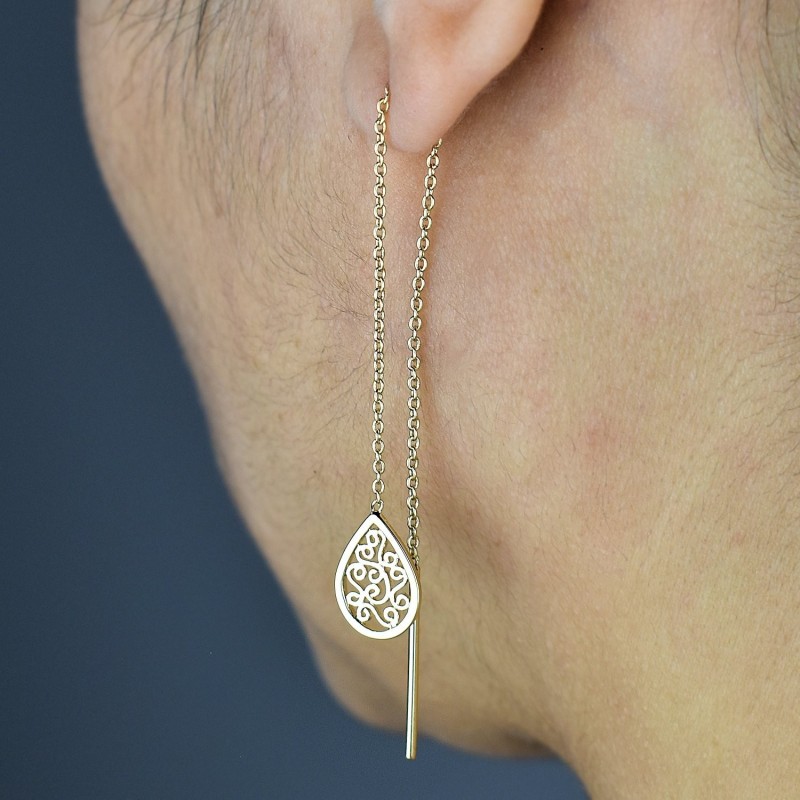 Boucles d'oreilles traversantes goutte arabesque tombante avec chaînette Plaqué OR 750 3 microns