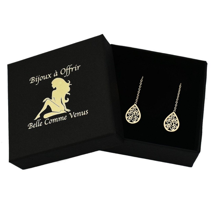 Boucles d'oreilles traversantes goutte arabesque tombante avec chaînette Plaqué OR 750 3 microns
