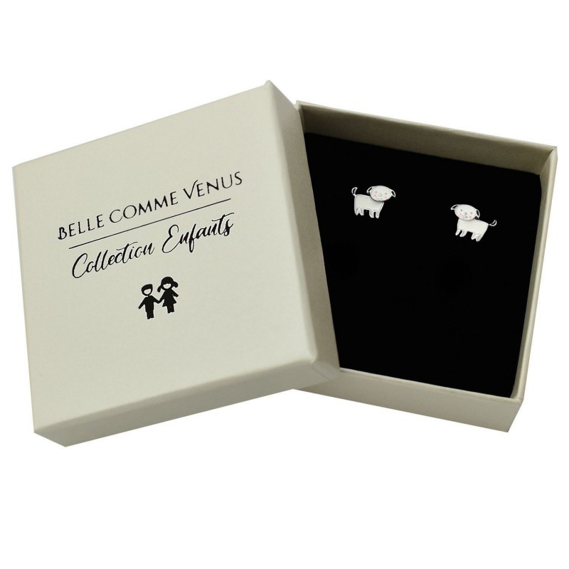 Boucles d'oreilles chien émail coloré blanc et noir Argent 925 Rhodié