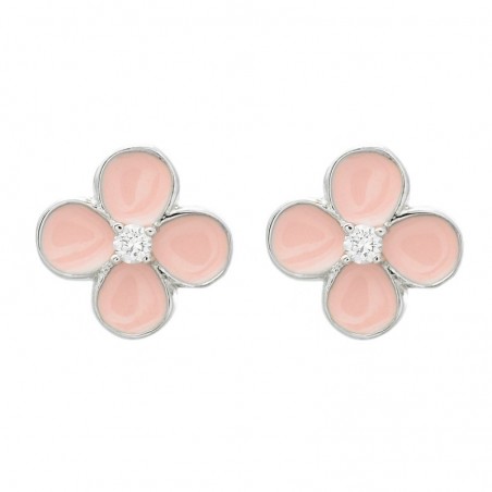 Boucles d'oreilles fleur émail rose et oxyde de zirconium Argent 925 Rhodié