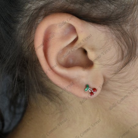Boucles d'oreilles cerise émail rouge et vert Argent 925 Rhodié