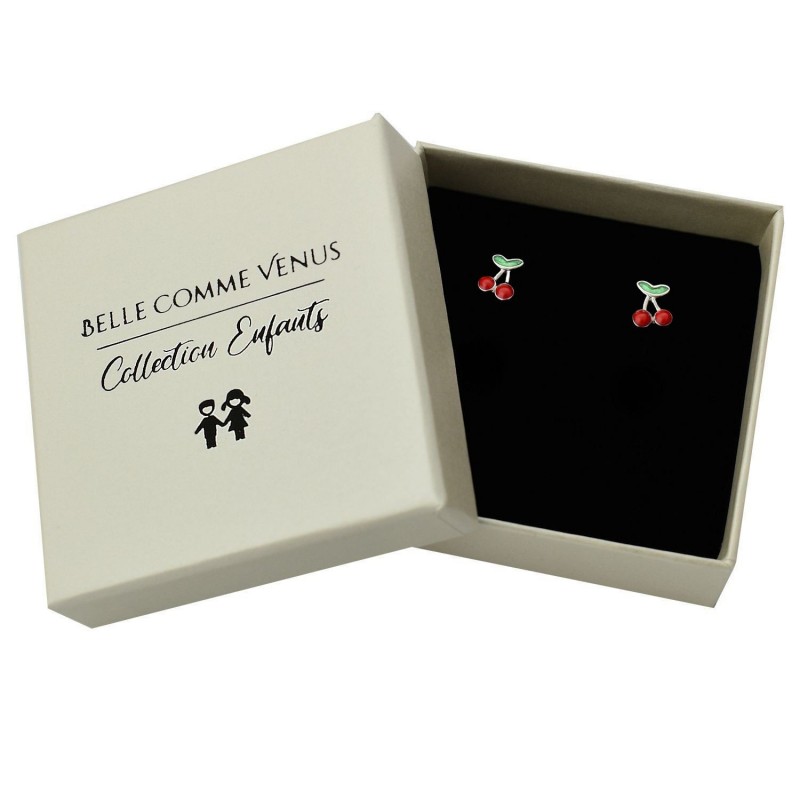 Boucles d'oreilles cerise émail rouge et vert Argent 925 Rhodié