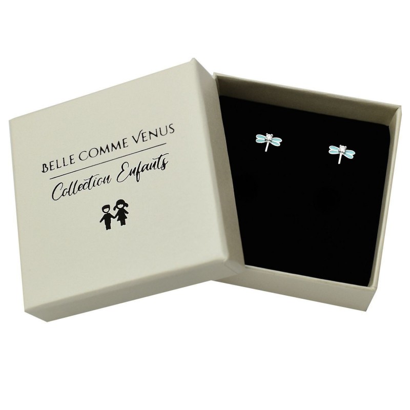 Boucles d'oreilles libellule émail bleu turquoise et oxyde de zirconium Argent 925 Rhodié