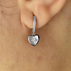 Boucles d'oreilles Mini Créoles coeur soleil pendant serti d'oxydes de zirconium Argent 925 Rhodié