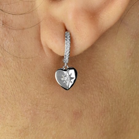 Boucles d'oreilles Mini Créoles coeur étoile pendant serti d'oxydes de zirconium Argent 925 Rhodié
