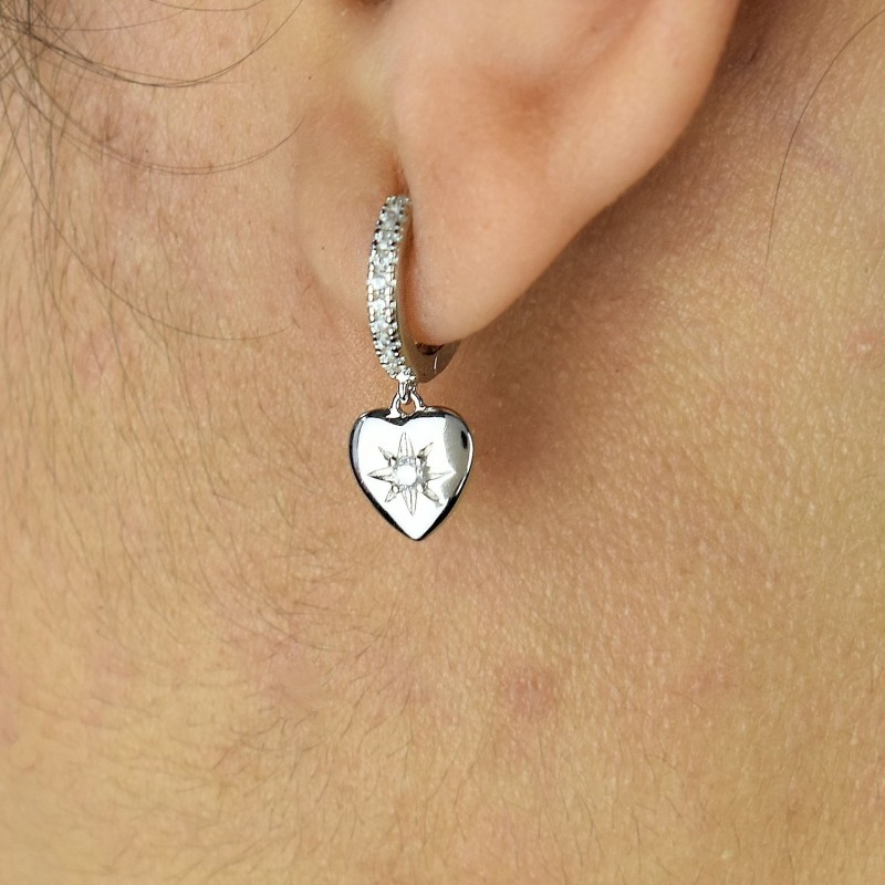 Boucles d'oreilles Mini Créoles coeur étoile pendant serti d'oxydes de zirconium Argent 925 Rhodié