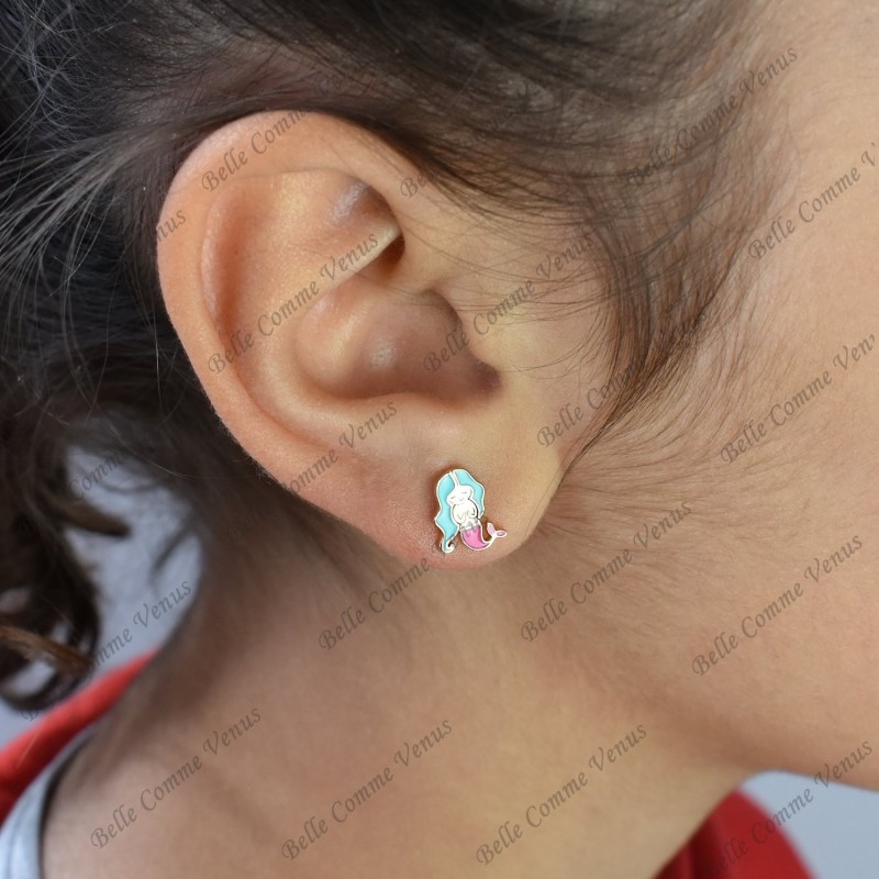Boucles d'oreilles sirène émail coloré Plaqué or 750 3 microns