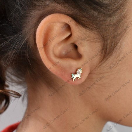 Boucles d'oreilles licorne émail coloré Plaqué or 750 3 microns