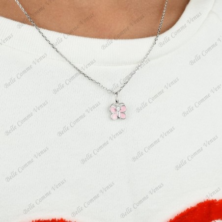 Collier papillon émail rose et oxyde de zirconium Argent 925 Rhodié