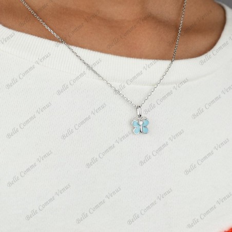 Collier papillon émail bleu turquoise et oxyde de zirconium Argent 925 Rhodié
