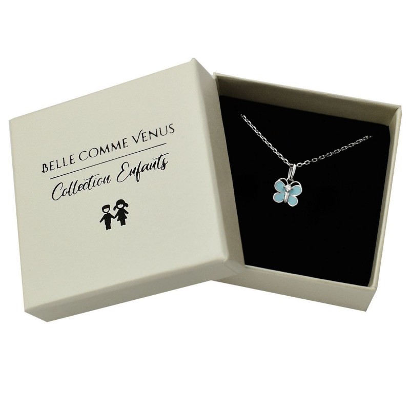Collier papillon émail bleu turquoise et oxyde de zirconium Argent 925 Rhodié
