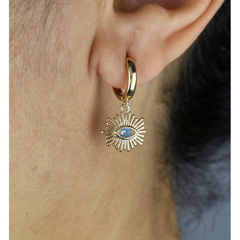 Boucles d'oreilles Mini Créoles oeil protecteur oxyde de zirconium bleu Plaqué or 750 3 microns
