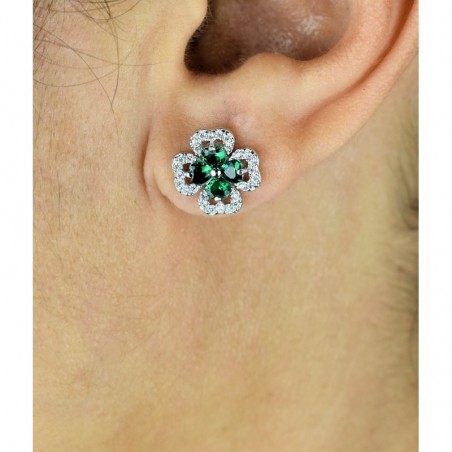 Boucles d'oreilles trèfle de coeurs oxydes de zirconium verts Argent 925 Rhodié
