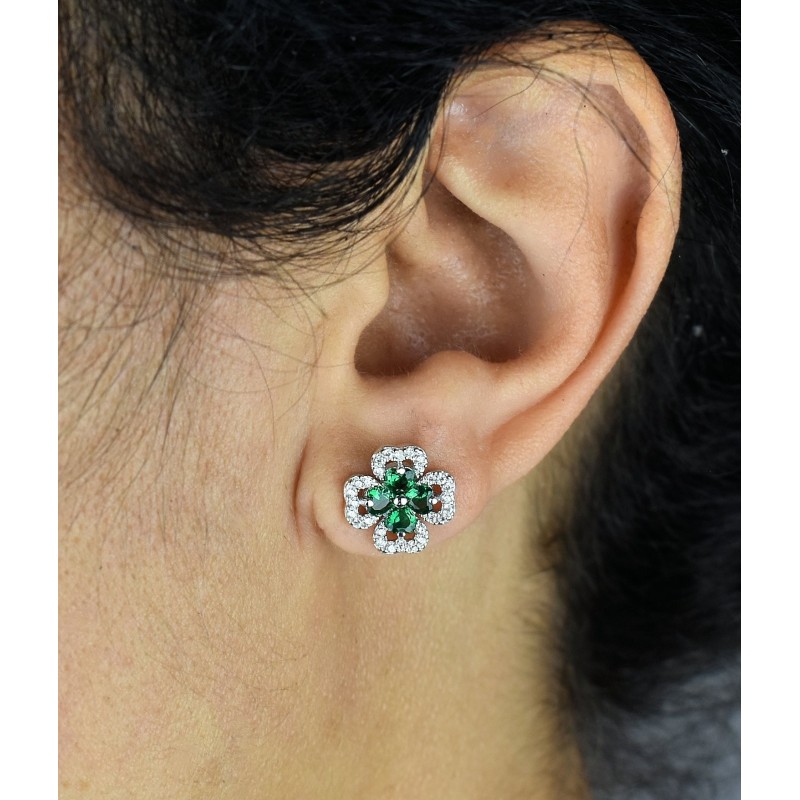 Boucles d'oreilles trèfle de coeurs oxydes de zirconium verts Argent 925 Rhodié