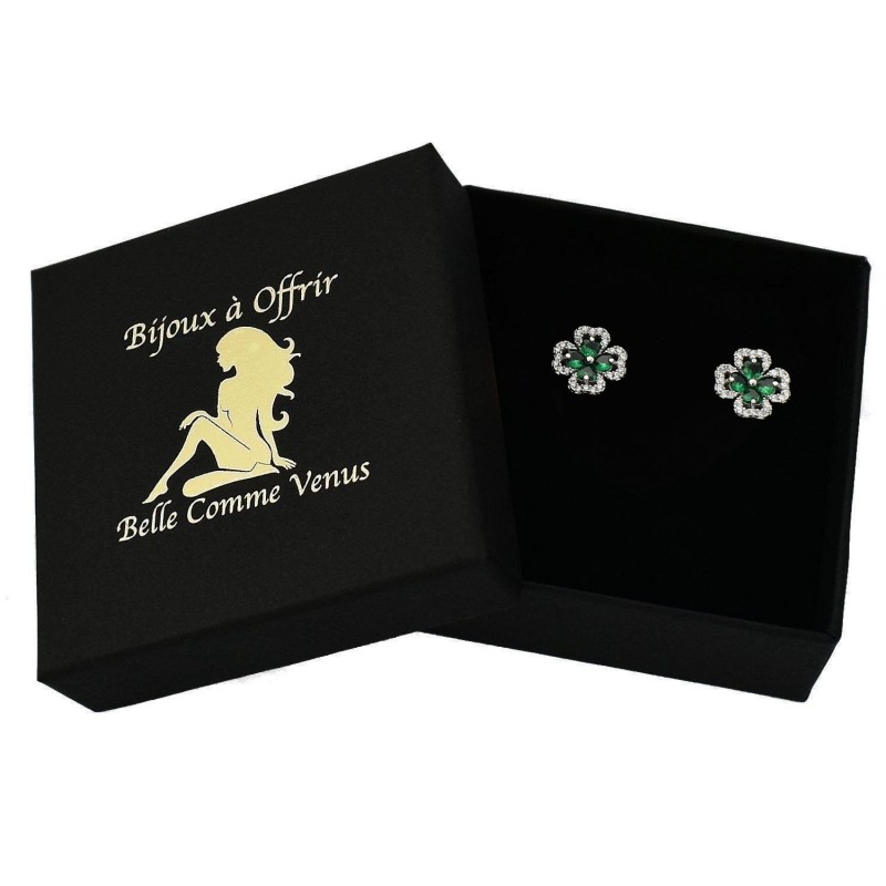 Boucles d'oreilles trèfle de coeurs oxydes de zirconium verts Argent 925 Rhodié