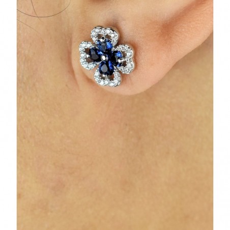 Boucles d'oreilles trèfle de coeurs oxydes de zirconium bleus roi Argent 925 Rhodié