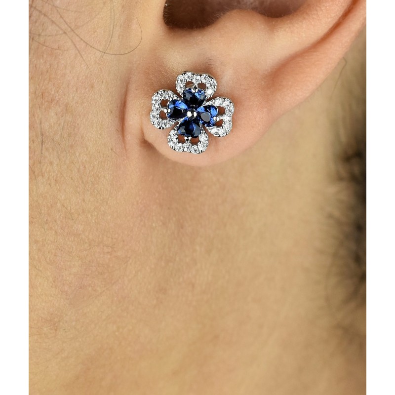 Boucles d'oreilles trèfle de coeurs oxydes de zirconium bleus roi Argent 925 Rhodié
