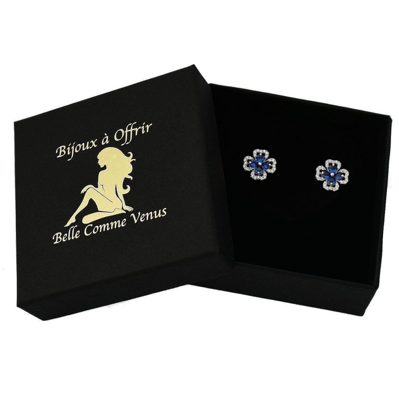 Boucles d'oreilles trèfle de coeurs oxydes de zirconium bleus roi Argent 925 Rhodié