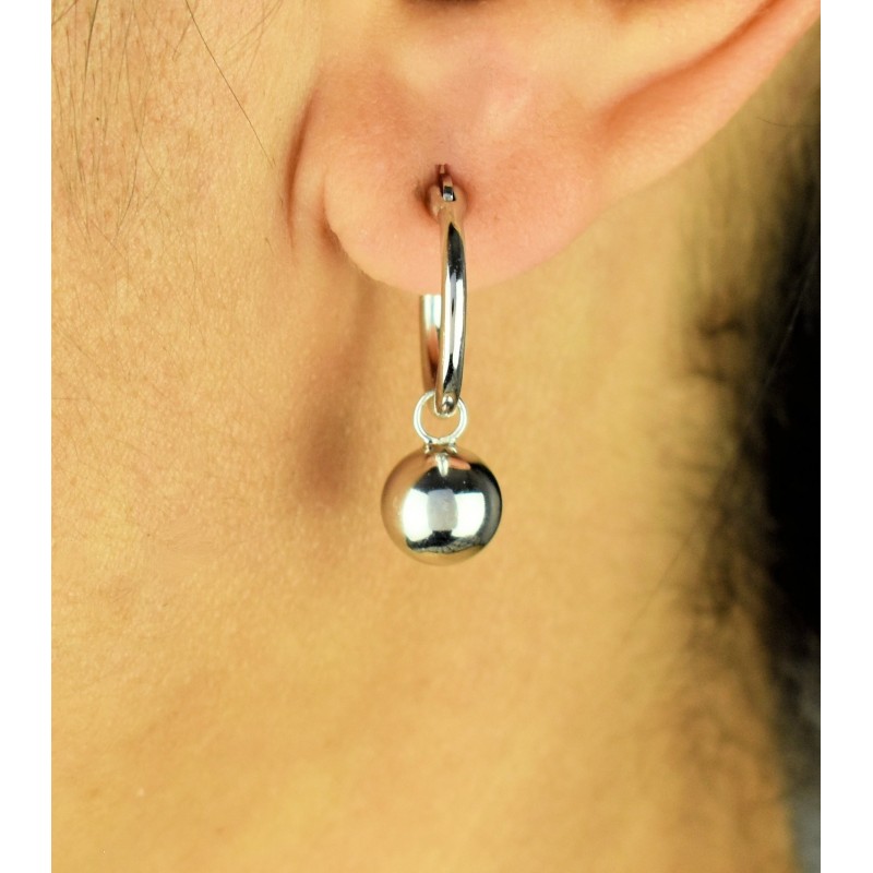 Boucles d'oreilles Mini Créoles boule pendante Argent 925 Rhodié