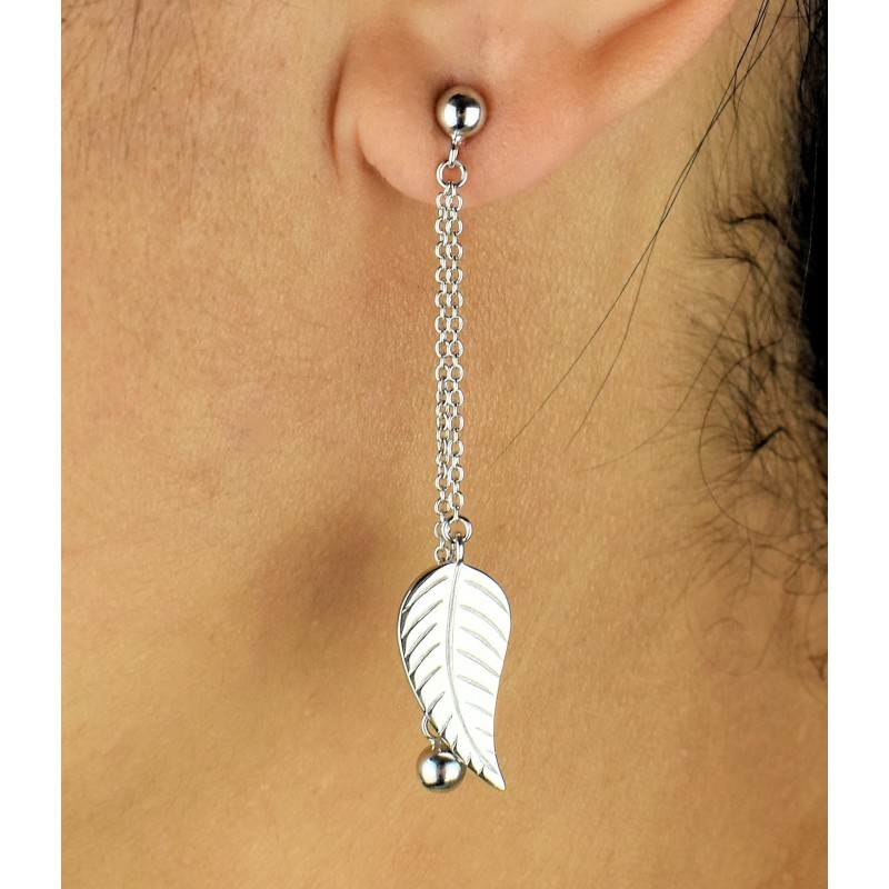 Boucles d'oreilles feuille et boule pendantes 2 chaines Argent 925 Rhodié
