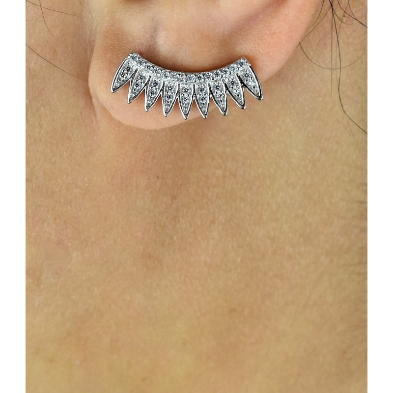 Boucles d'oreilles grimpantes contour de lobe couronne de plumes d'oxydes de zirconium Argent 925 Rhodié
