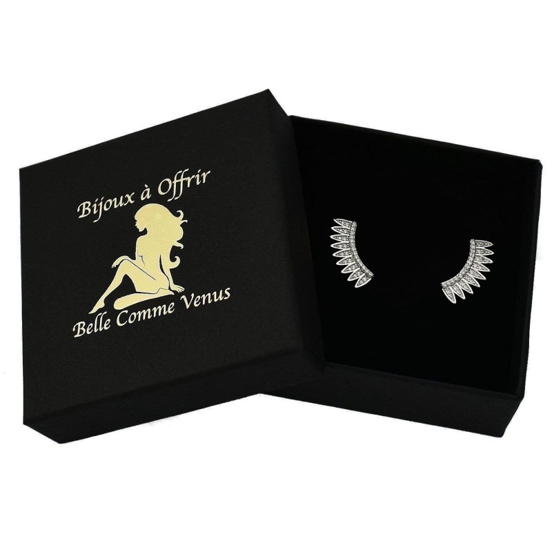 Boucles d'oreilles grimpantes contour de lobe couronne de plumes d'oxydes de zirconium Argent 925 Rhodié