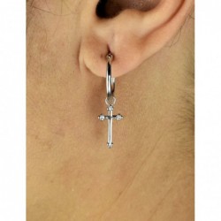 Boucles d'oreilles Mini Créoles croix pendante Argent 925 Rhodié