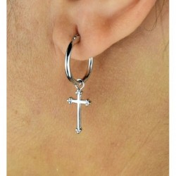 Boucles d'oreilles Mini Créoles croix pendante Argent 925 Rhodié